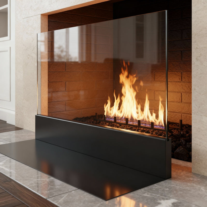 Modern Clear Glass Fireplace Screen with Steel Base – Custom Made (27 Colors)