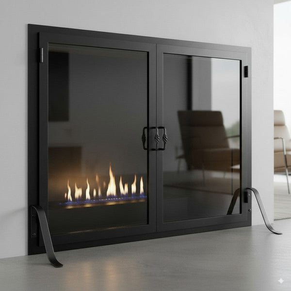 Legend freestanding glass fireplace screen with operable doors, solid steel frame, tempered glass, custom size and finishes