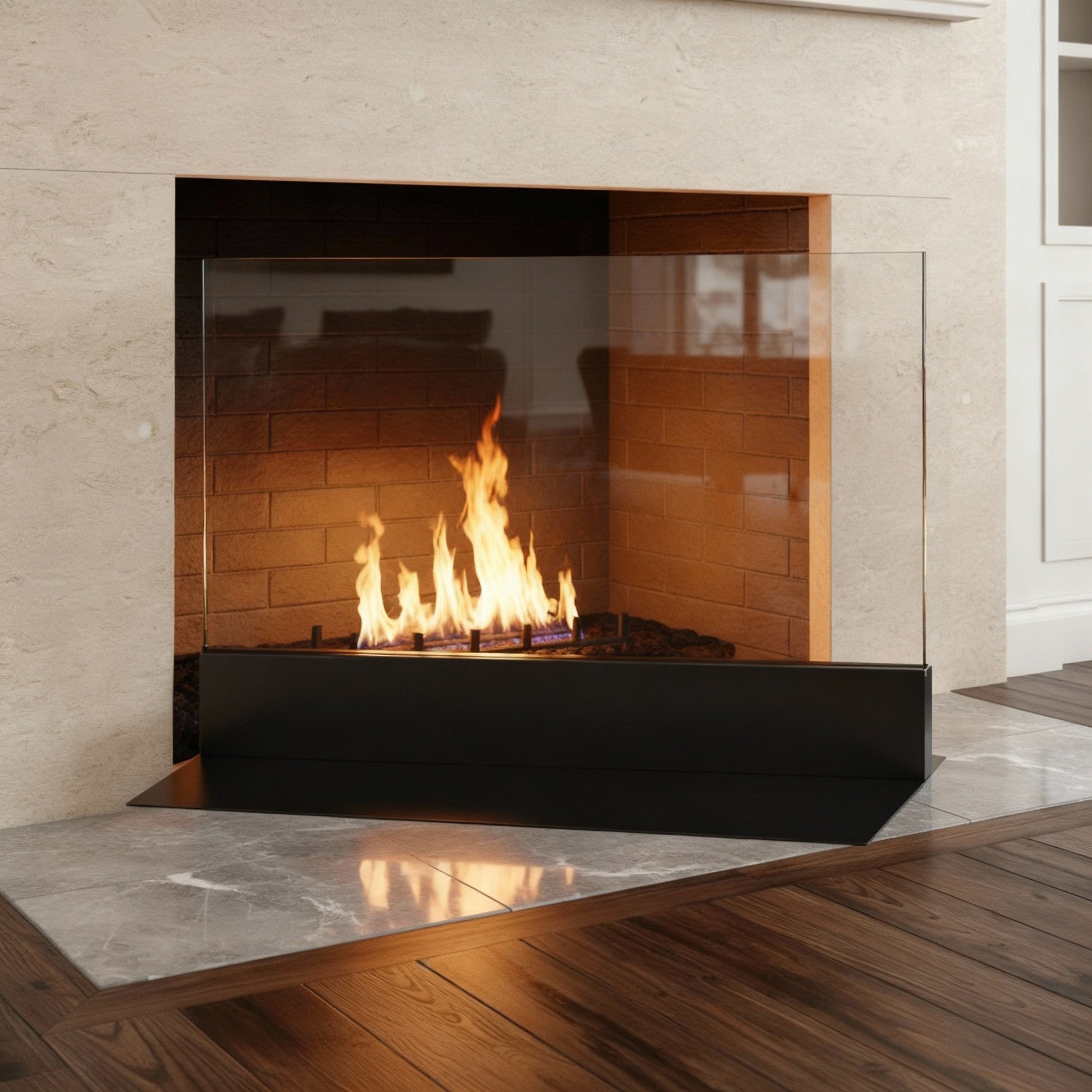 Modern Clear Glass Fireplace Screen with Steel Base – Custom Made (27 Colors)