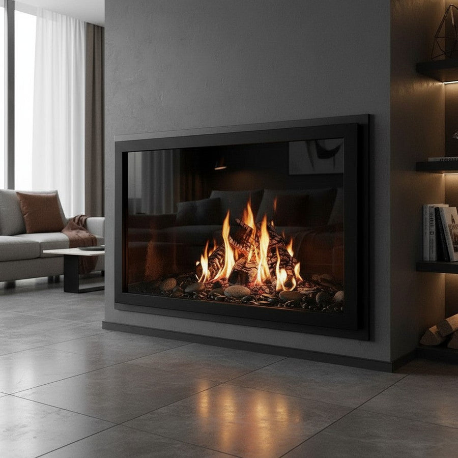 Moderne Slim Masonry Fireplace Doors [ Exact Size 45 15/16" W x 26 3/4" ] Frame Width 1 1/2" / Door Frame 1" / Clear Glass / One Panel Gate Mesh / Matte Black / Right Hinge