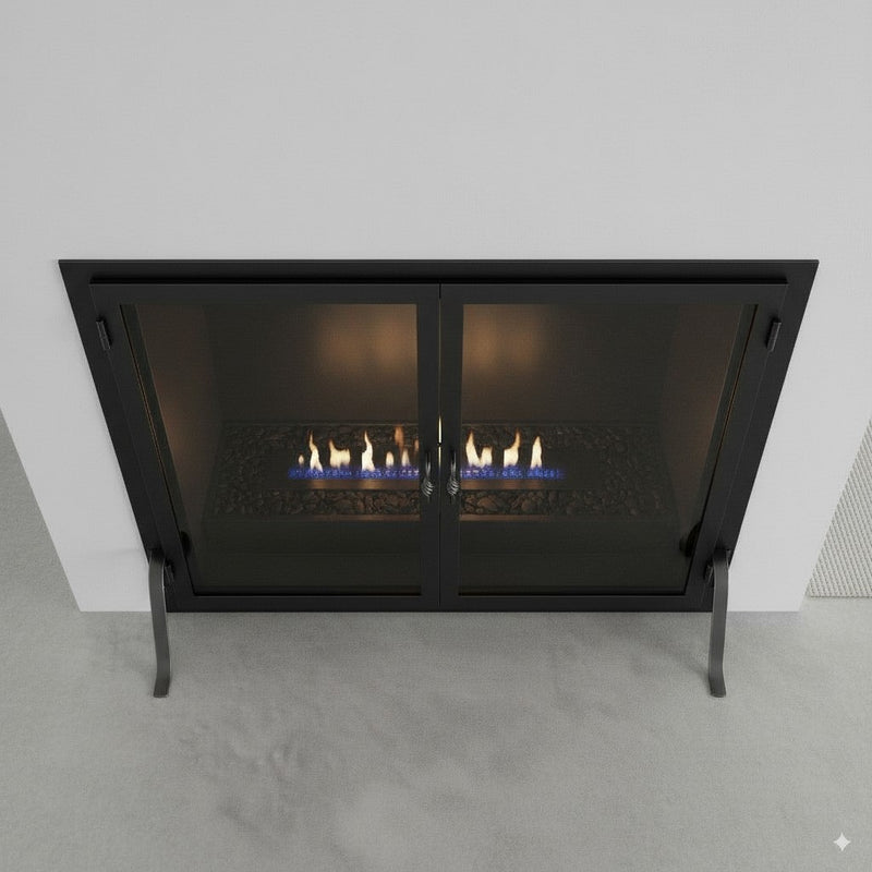 Legend Freestanding Glass Fireplace Screen with Operable Doors – Custom Size & 21 Finishes