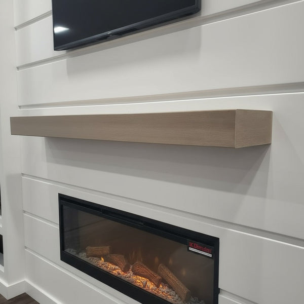 Custom metal floating mantel shelf with white oak woodgrain finish, noncombustible and easy to install