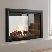 Bungalow masonry fireplace glass door with 2-3 inch overlap and 3.5 inch frame width