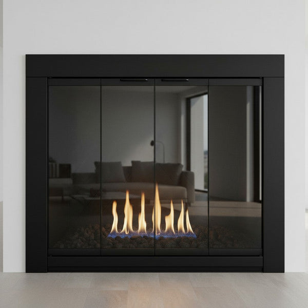 Medio Flat Black Masonry Fireplace Door with clear tempered glass and bi-fold panels for masonry fireplaces