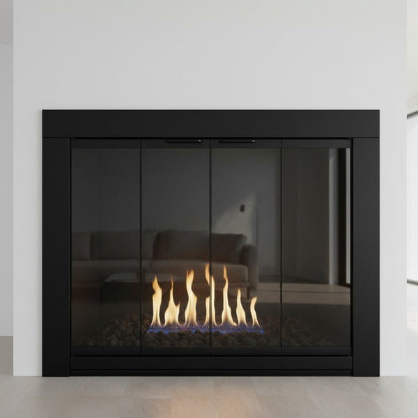 Medio Flat Black Masonry Fireplace Door with 3/16" tempered glass and aluminum frame, bi-fold design for 180° fire view, black steel frame, and mesh panel doors.
