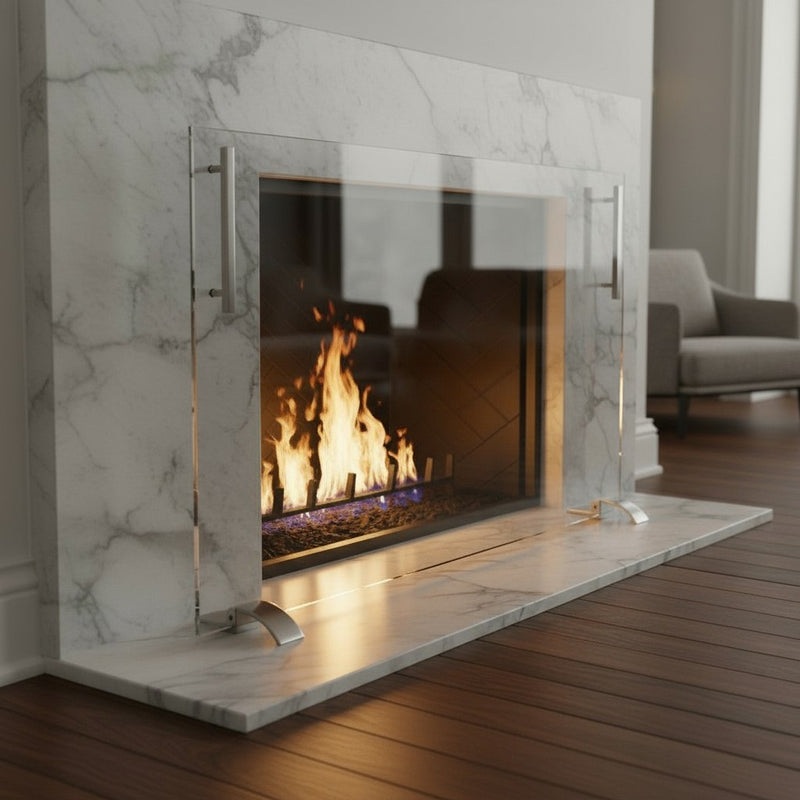 Standard Sizes - Frameless Clear Glass Fireplace Screen with Feet, Options