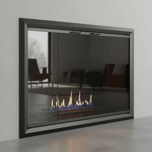Apex Masonry and Prefab Fireplace Glass Doors with 4-sided overlap fit, extruded aluminum frame, tempered safety glass, and trackless bi-fold cabinet doors