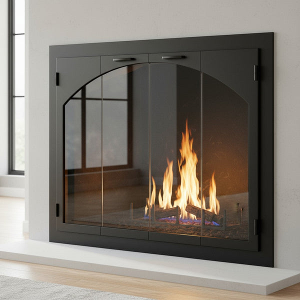 Carolina steel fireplace glass door arch conversion for masonry and zero clearance fireplaces with custom dimensions and 5-year warranty