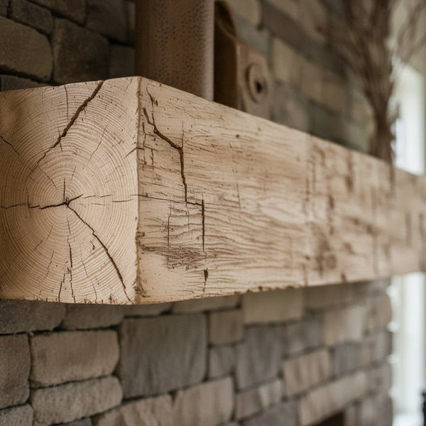 Farmhouse Rustic Concrete Mantel Shelf in pale honey finish by Lexington Hearth, non-combustible and oversized timber beam look