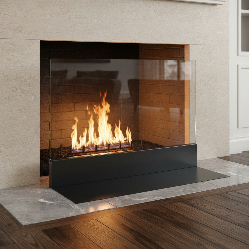 Modern Clear Glass Fireplace Screen with Steel Base – Custom Made (27 Colors)