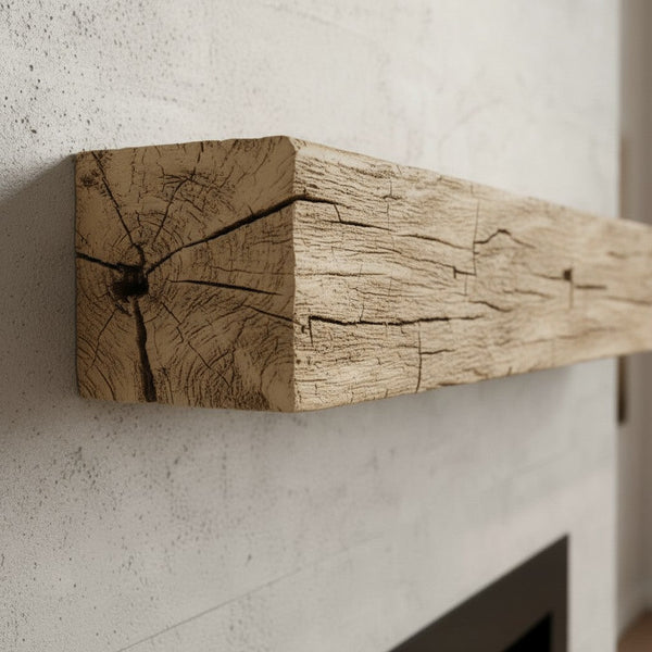 Tobacco non-combustible concrete mantel shelf with pale honey finish and authentic barn timber details