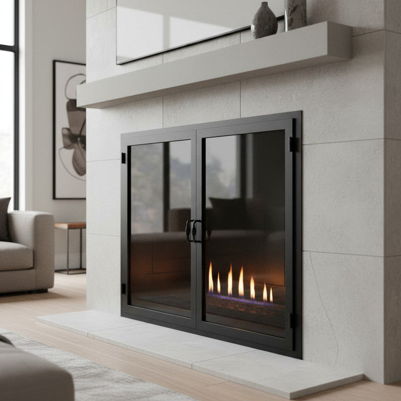 Custom masonry and prefab fireplace glass doors with standard frame dimensions and 5-year warranty