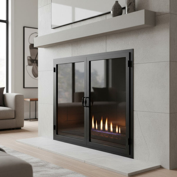 Custom masonry and prefab fireplace glass doors with standard frame dimensions and 5-year warranty