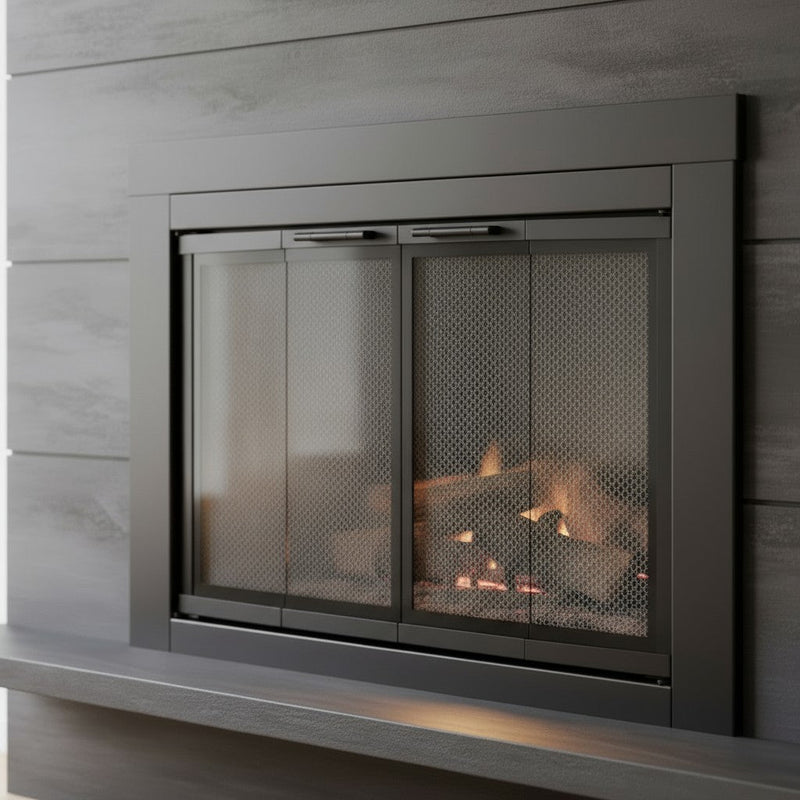 Armitage Flat Dark Grey Masonry Fireplace Door with 16-gauge steel frame and bi-fold tempered glass panels