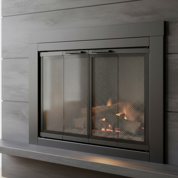 Armitage Flat Dark Grey Masonry Fireplace Door with 16-gauge steel frame and bi-fold tempered glass panels