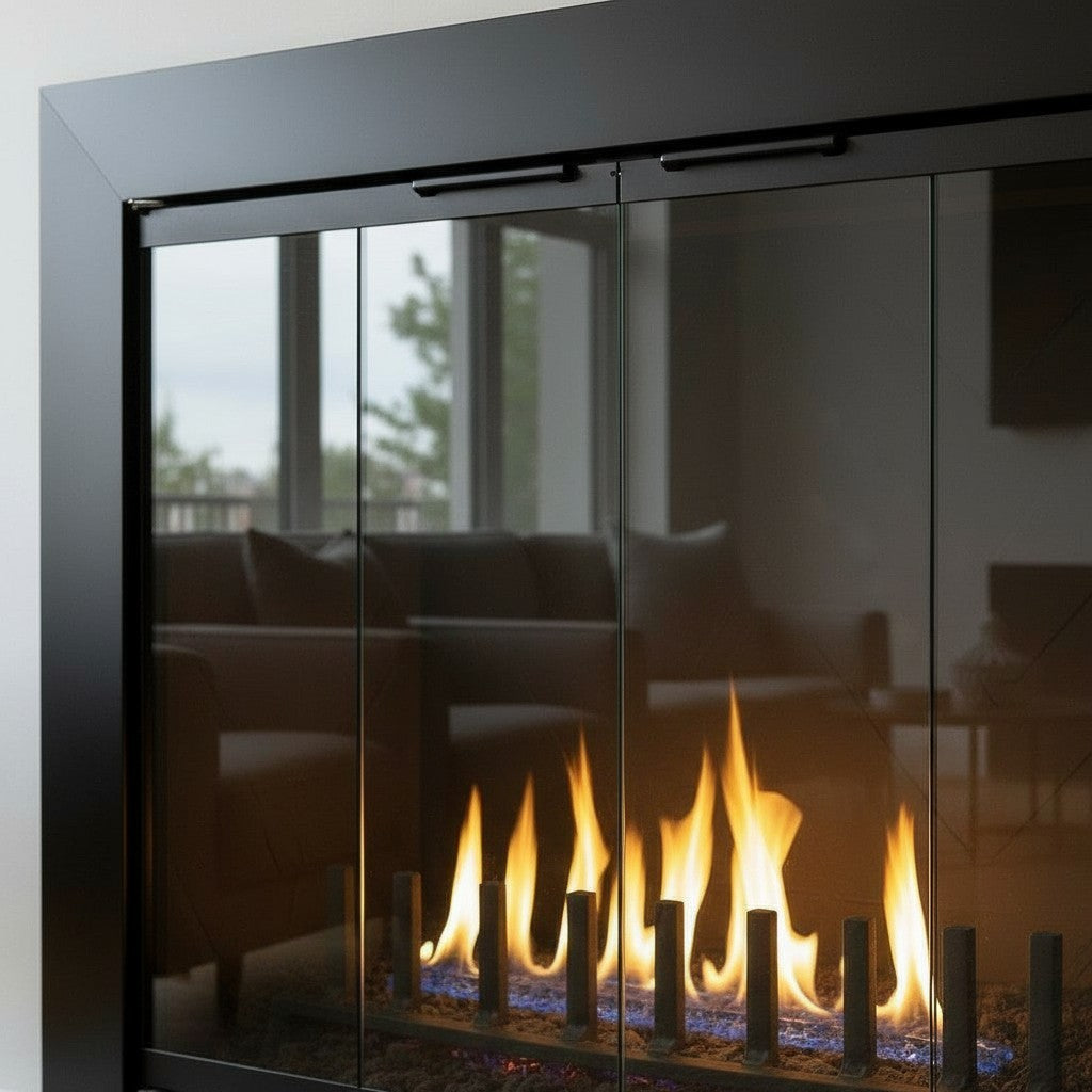 Reflection Fireplace Doors / 39" W x 35" H Opening Size / Grey Glass / Twin Gate Mesh Doors Behind Glass / Matte Black / Bi-Fold / 4 Sided Overlap