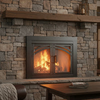 Camden Natural Iron masonry fireplace door with durable steel frame and smoked tempered glass