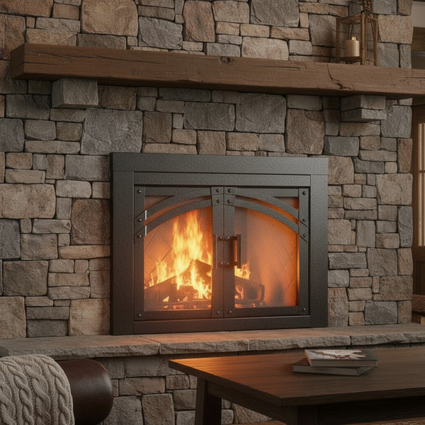 Camden Natural Iron masonry fireplace door with durable steel frame and smoked tempered glass