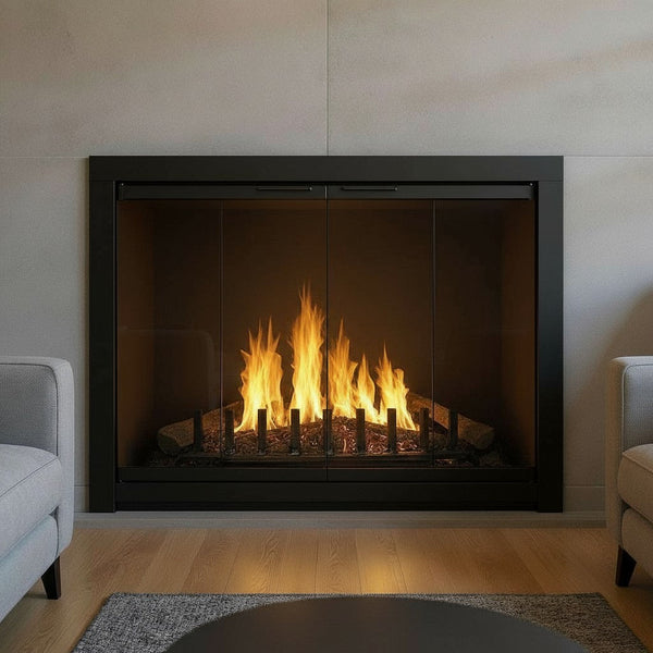 Piccolo masonry fireplace glass doors with aluminum frame, tempered safety glass, and included hardware