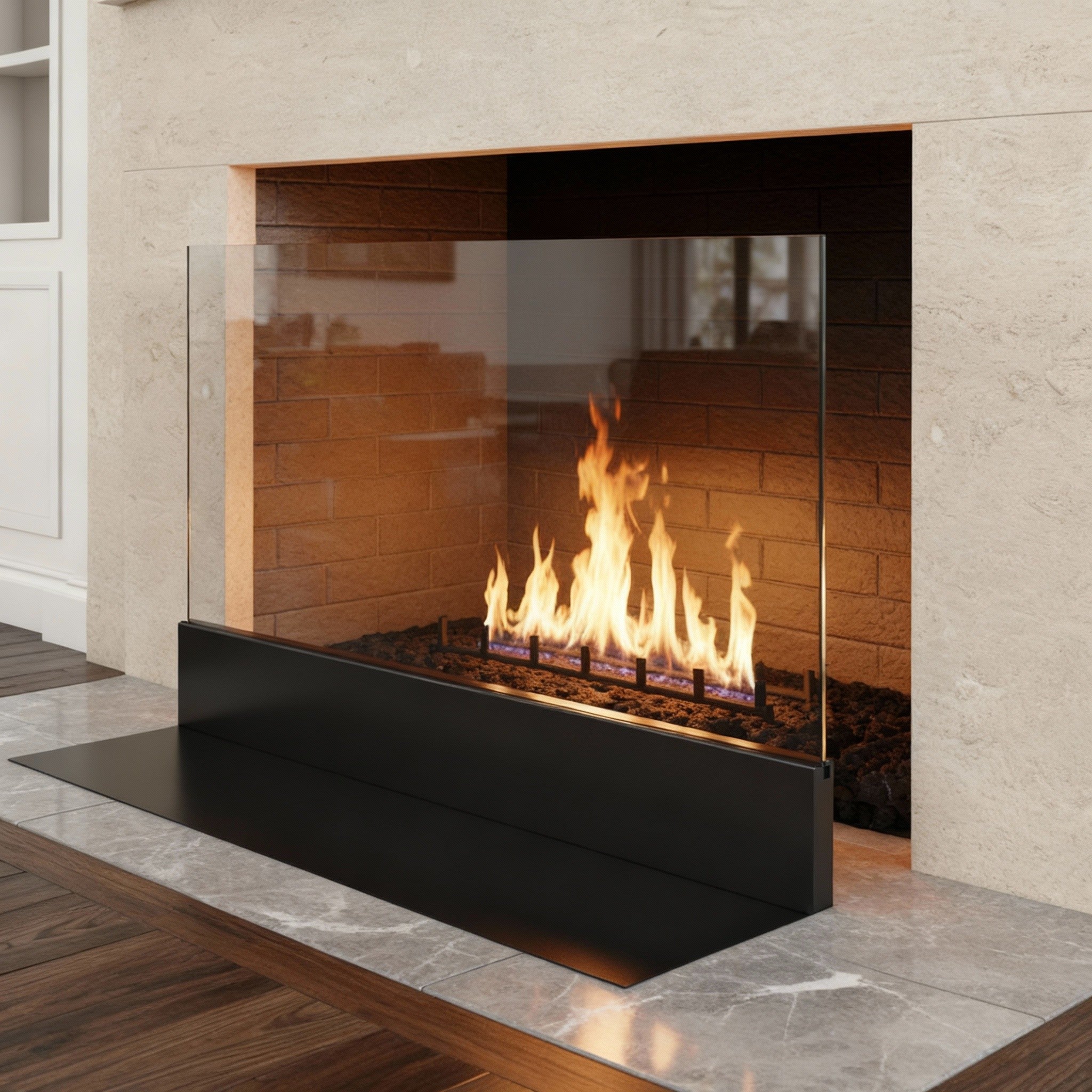 Modern Clear Glass Fireplace Screen with Steel Base – Custom Made (27 Colors)