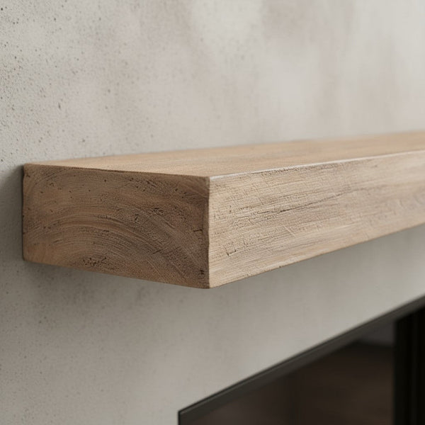 Flat Sawn non-combustible concrete mantel shelf with pale honey finish and rough-sawn woodgrain texture