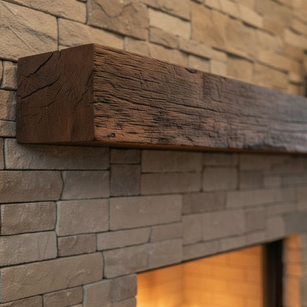 Grist Mill mantel shelf with deep weathered woodgrain and hand-painted maduro finish