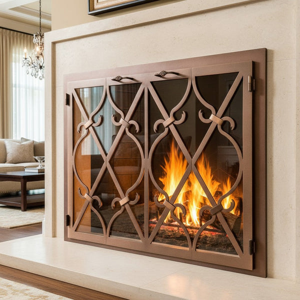 Banded Scroll masonry and prefab fireplace glass doors with custom frame dimensions and zero clearance options