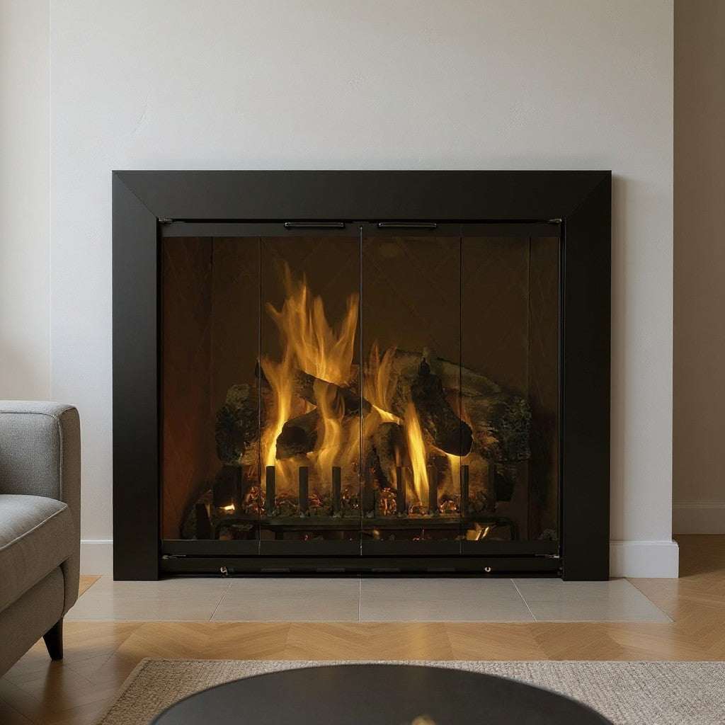 Custom masonry fireplace with black aluminum bi-fold glass doors