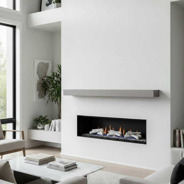 Horizon Concrete Mantel in Mystic Grey with sleek, floating design and linear fireplace integration