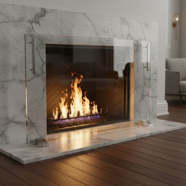 Custom frameless clear glass fireplace screen with feet and 3-inch square handle, available in multiple glass colors