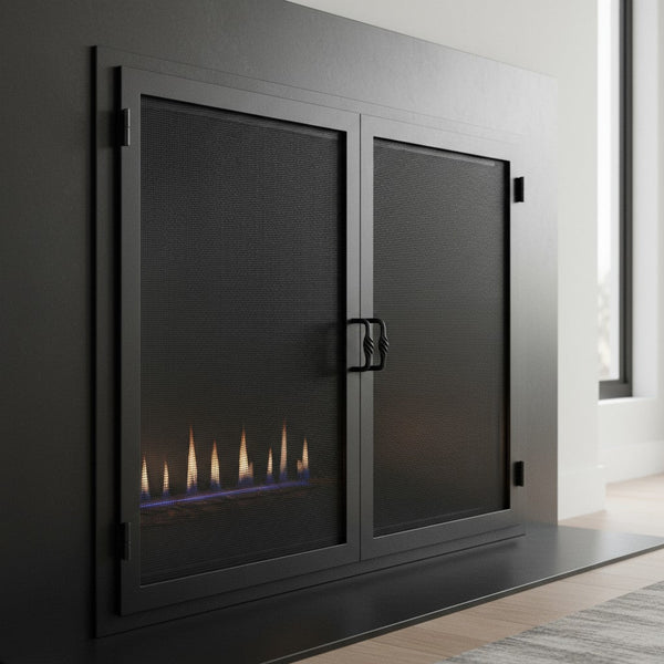 Legend Custom Masonry fireplace mesh doors with standard frame and overlap, custom made in USA with 5-year warranty