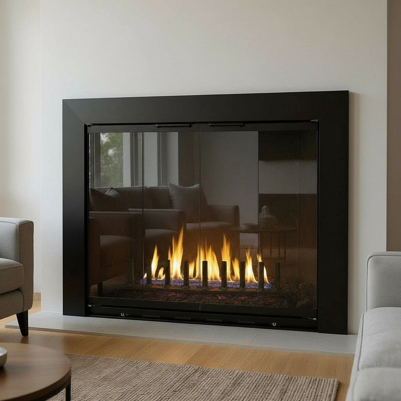 Reflection flat black masonry fireplace door with clear tempered glass and aluminum frame