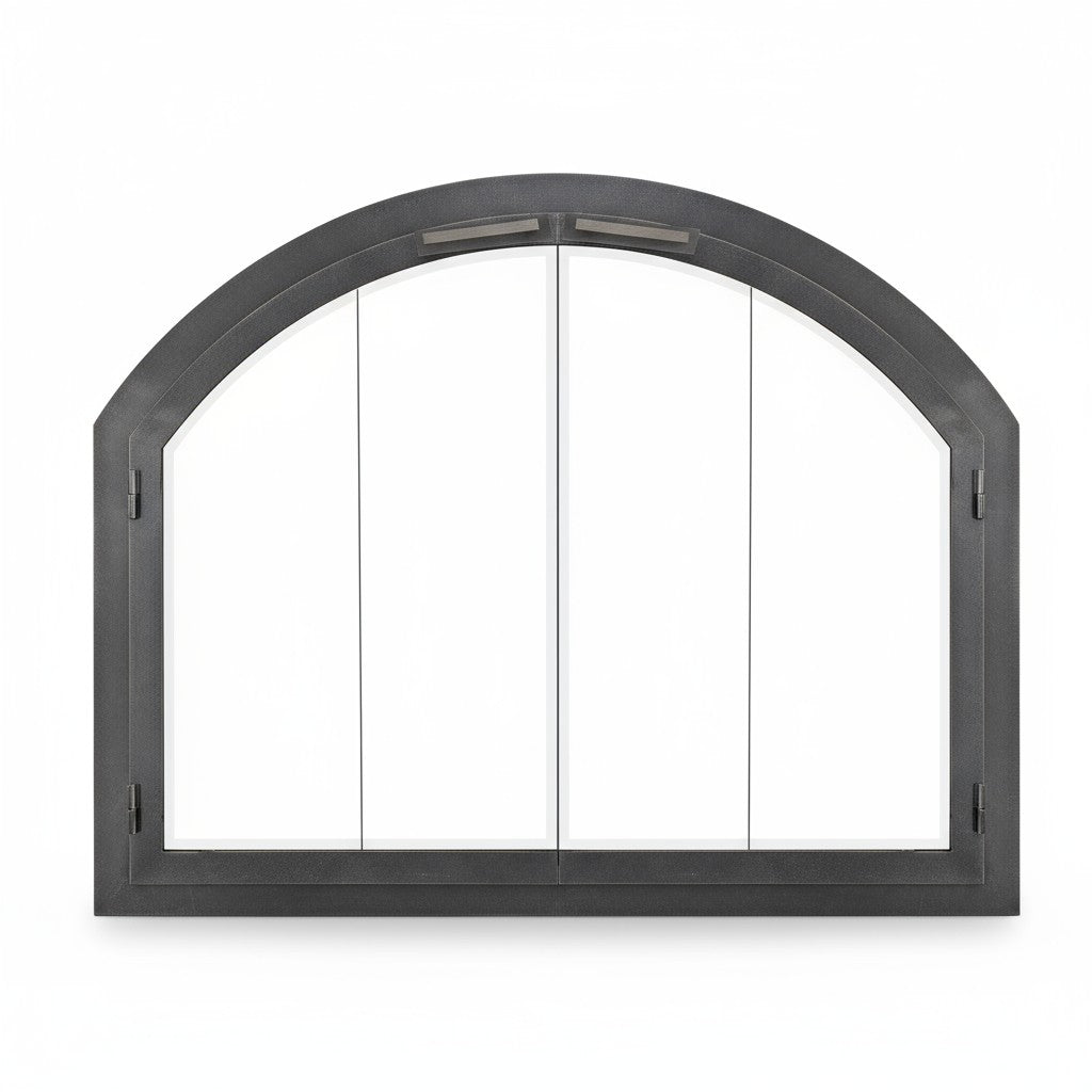 Arch Fireplace Doors [Size - Template Provided] / Frame width 2" / 3-Sided Overlap / Bi-Fold Doors / Clear Glass / Vintage iron / Square Handles