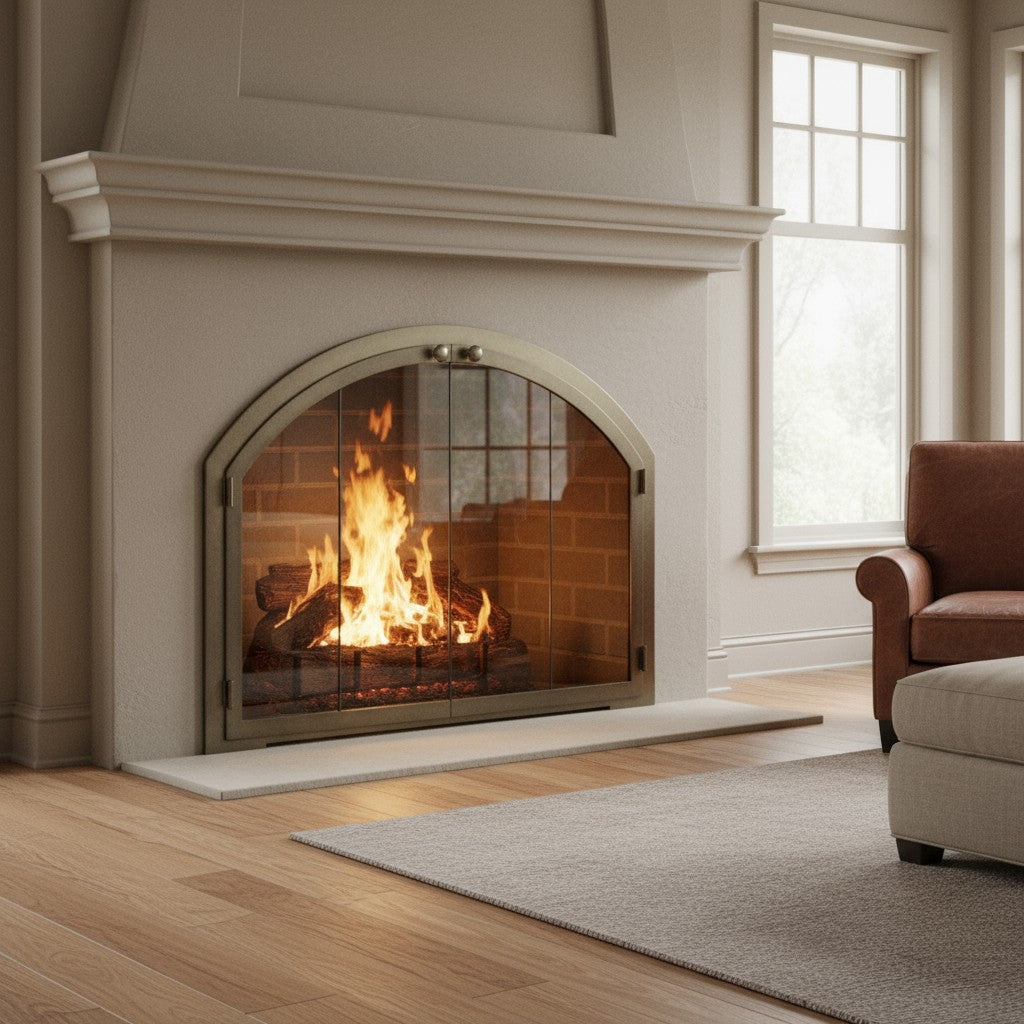 Legend Arched Fireplace Doors / Overlap Fit / Template Provided / Rugged Seel Handle / Clear Glass / Classic Bronze Finish / 3-Sided Overlap