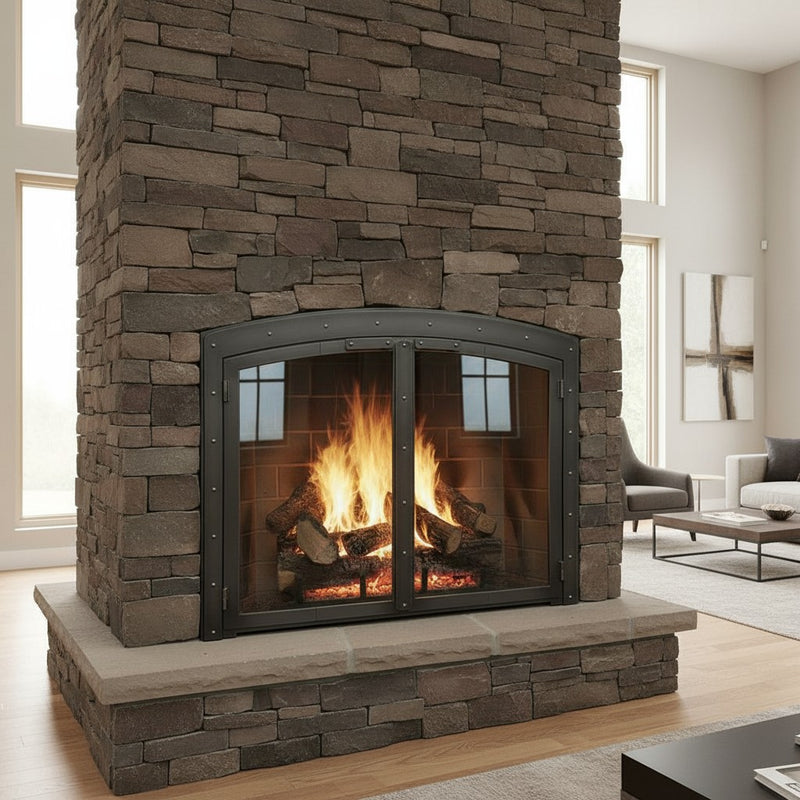 Black Rock Arch - Masonry Fireplace Glass Doors | Custom