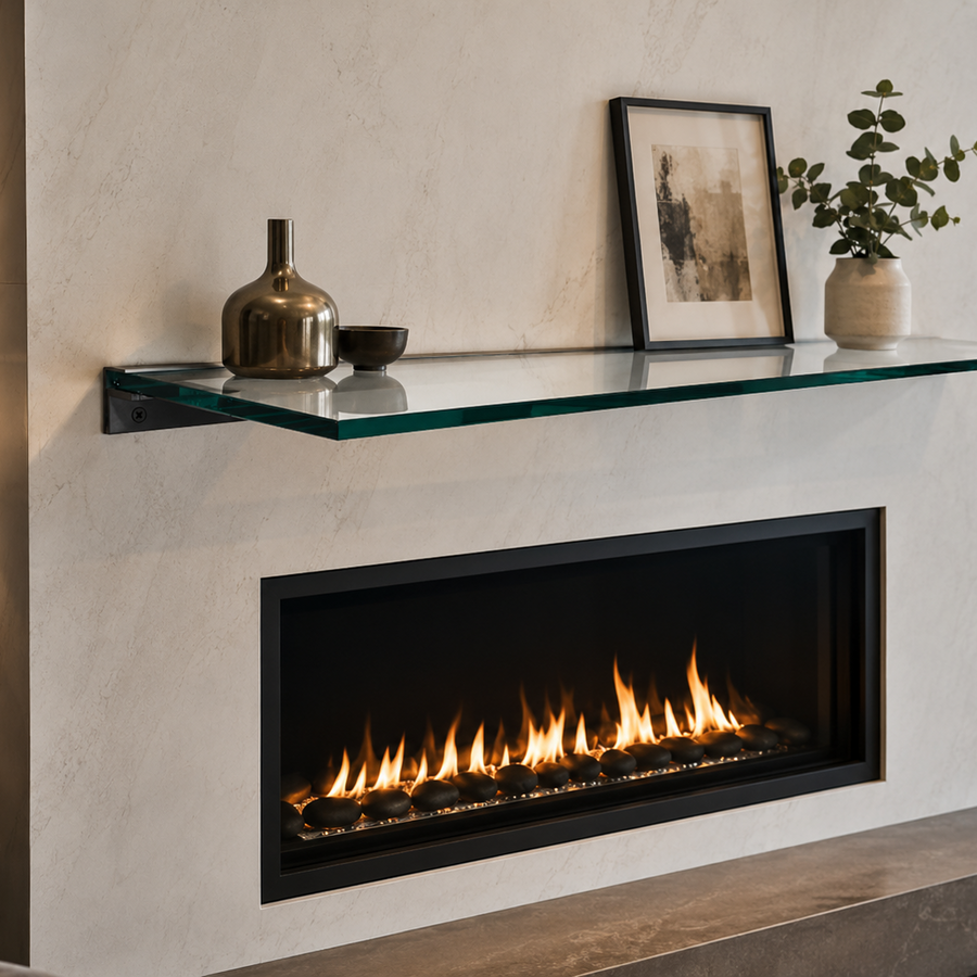 Glass Floating Mantel Shelves, Custom Width, Non-Combustible by Design Specialties