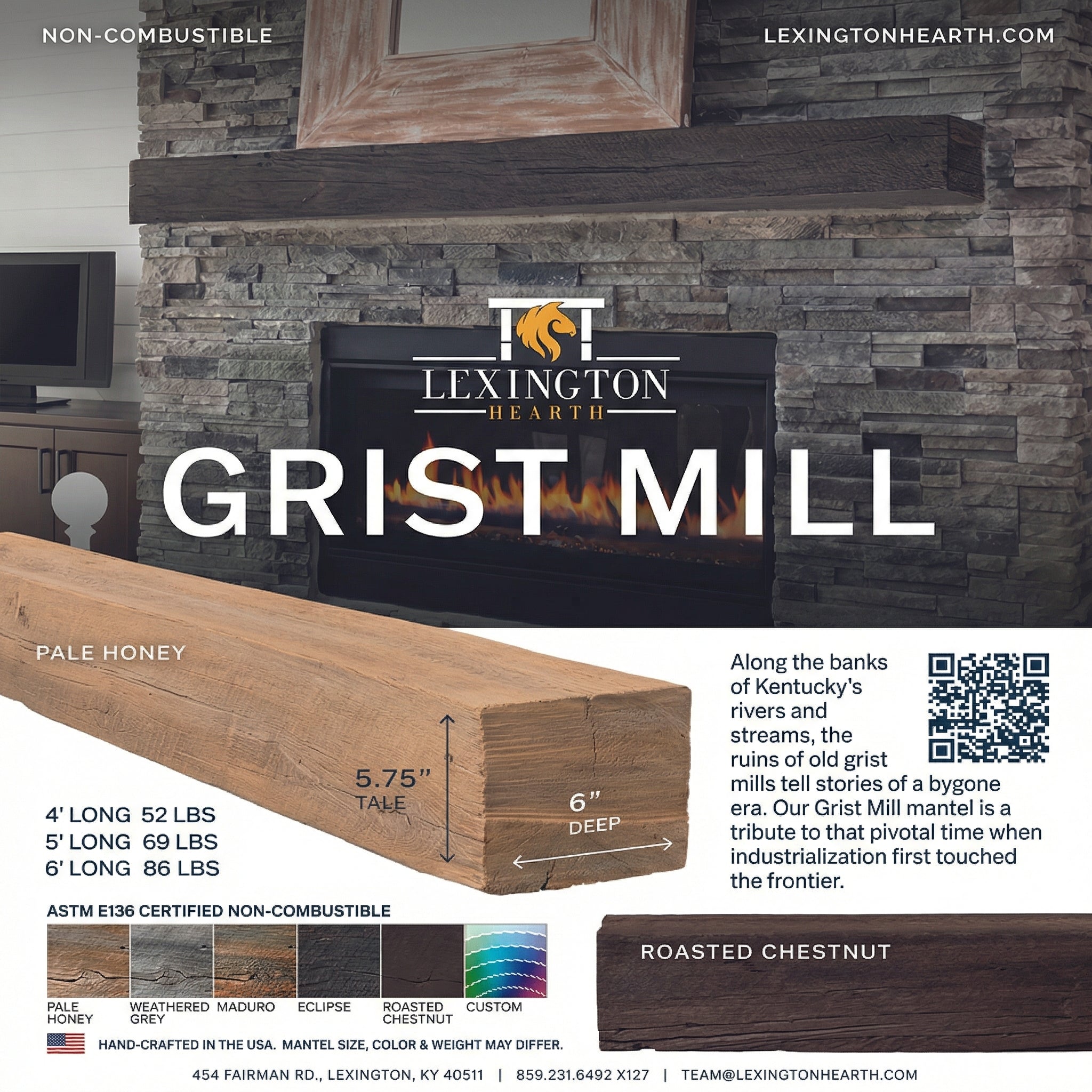 Custom Length Non-Combustible Concrete Fireplace Mantel – Grist Mill Style