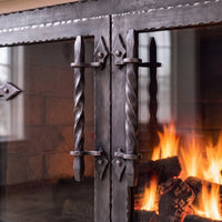 Hammered Edge fireplace glass doors — handles — Forged Iron