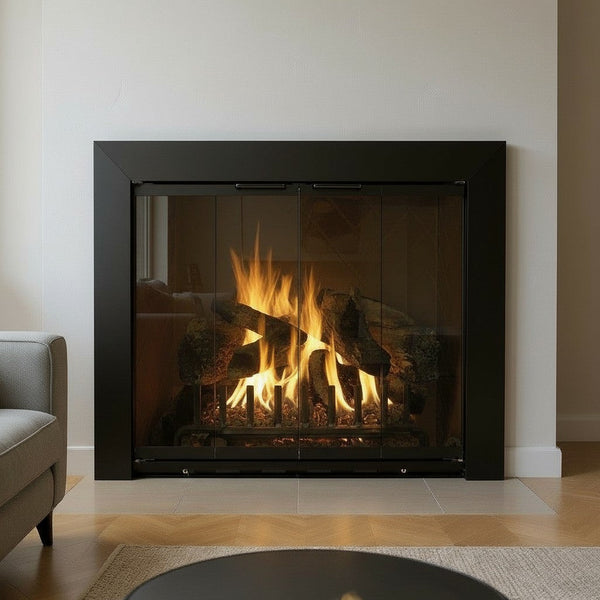 Reflection flat black masonry fireplace door with bi-fold tempered glass panels and aluminum frame