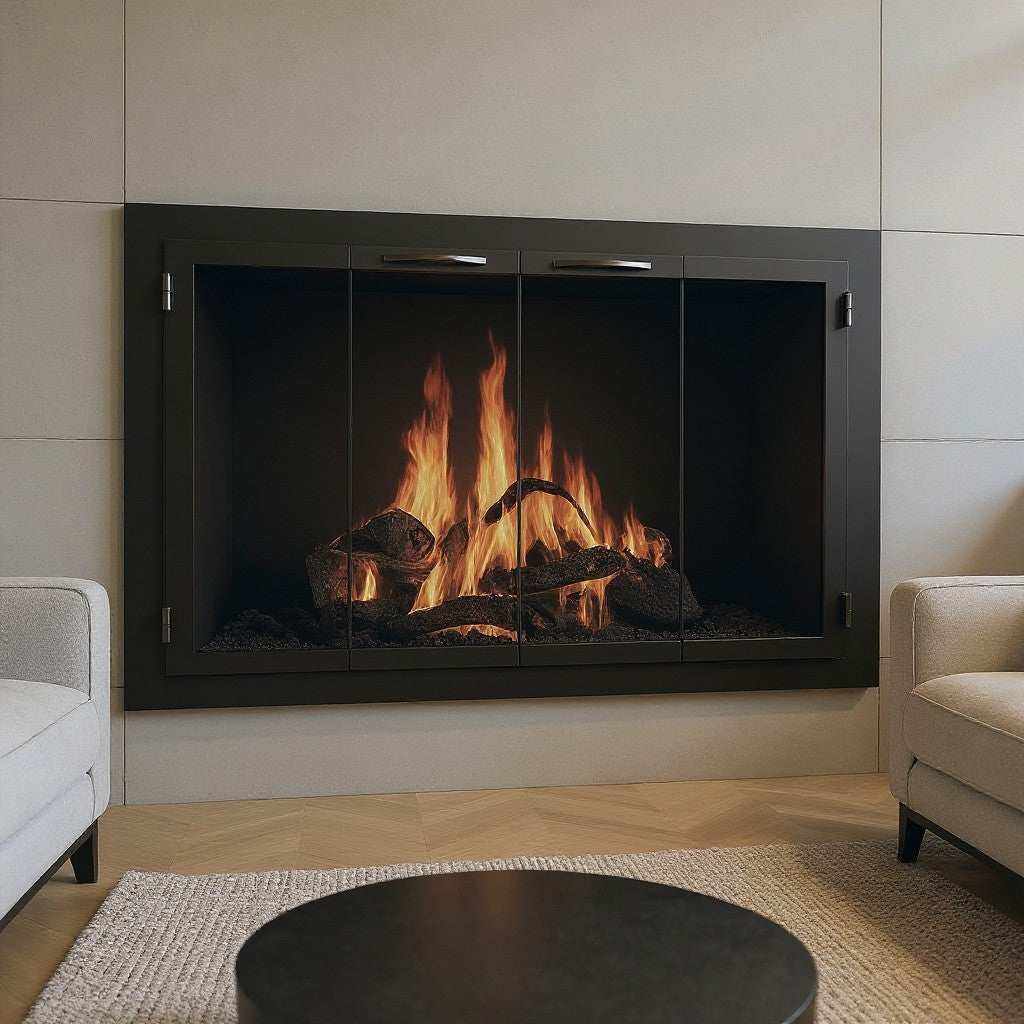 Carolina masonry and prefab steel fireplace glass doors with black frame and active fire inside