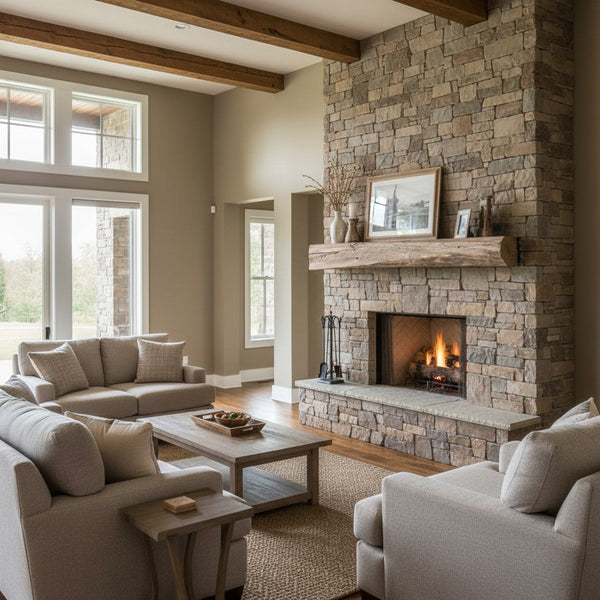 Cabin Pane non-combustible concrete mantel shelf with pale honey finish and intricate wood details