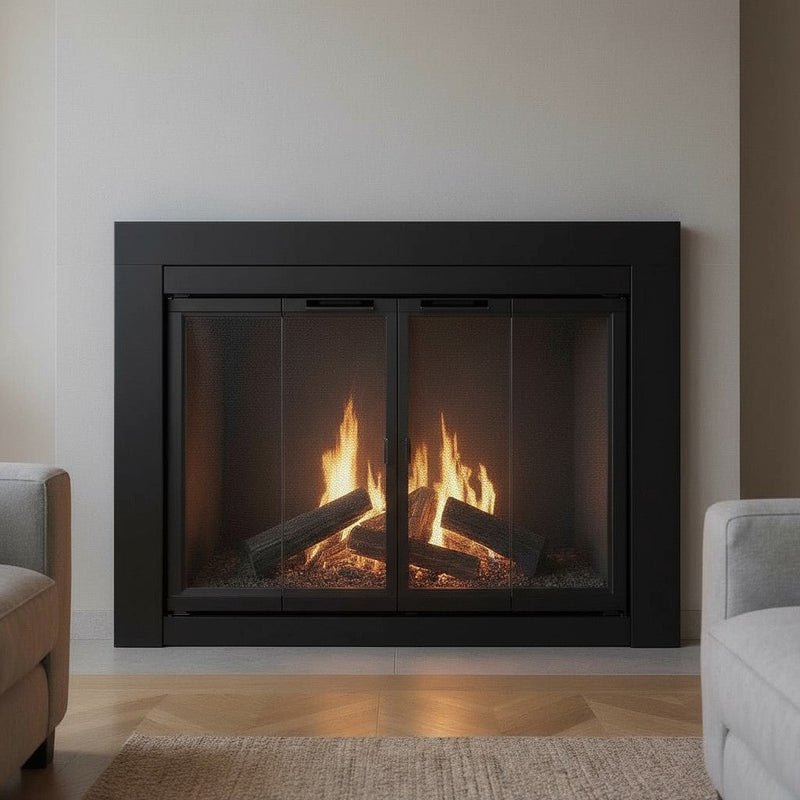 Ardmore Fireplace Door flat black steel bifold masonry fireplace door with smoked tempered glass and mesh panels