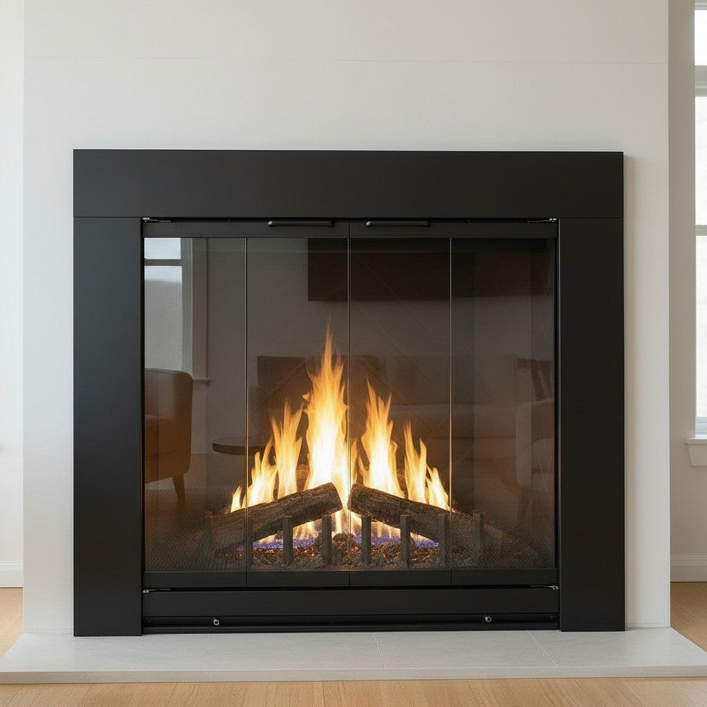 Grande Custom Fireplace Doors - Opening Size 39 11/16” W x 36 1/16” H x / Finished Size 41 " W x 37 1/2" / Textured Black / Bronze Glass / Simlicity Handles / Bi-Fold