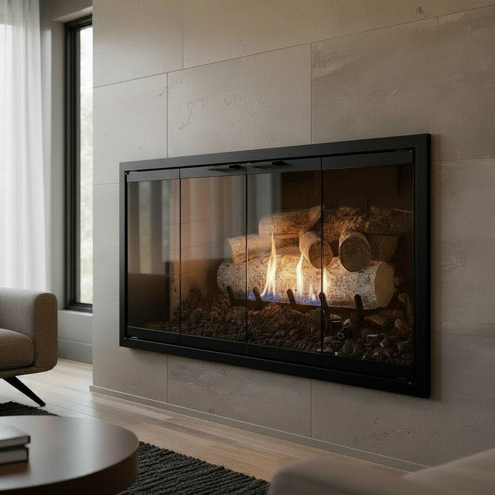 8198 REMAKE matte black cabinet with modern handle and clear glass flush hearth door