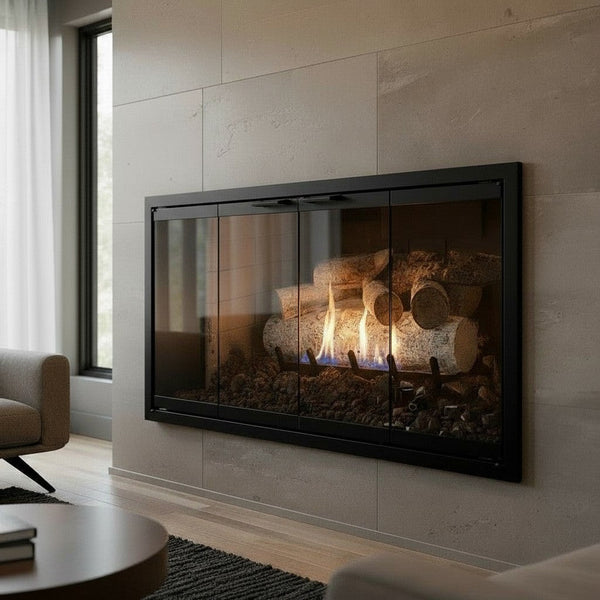 8198 REMAKE matte black cabinet with modern handle and clear glass flush hearth door