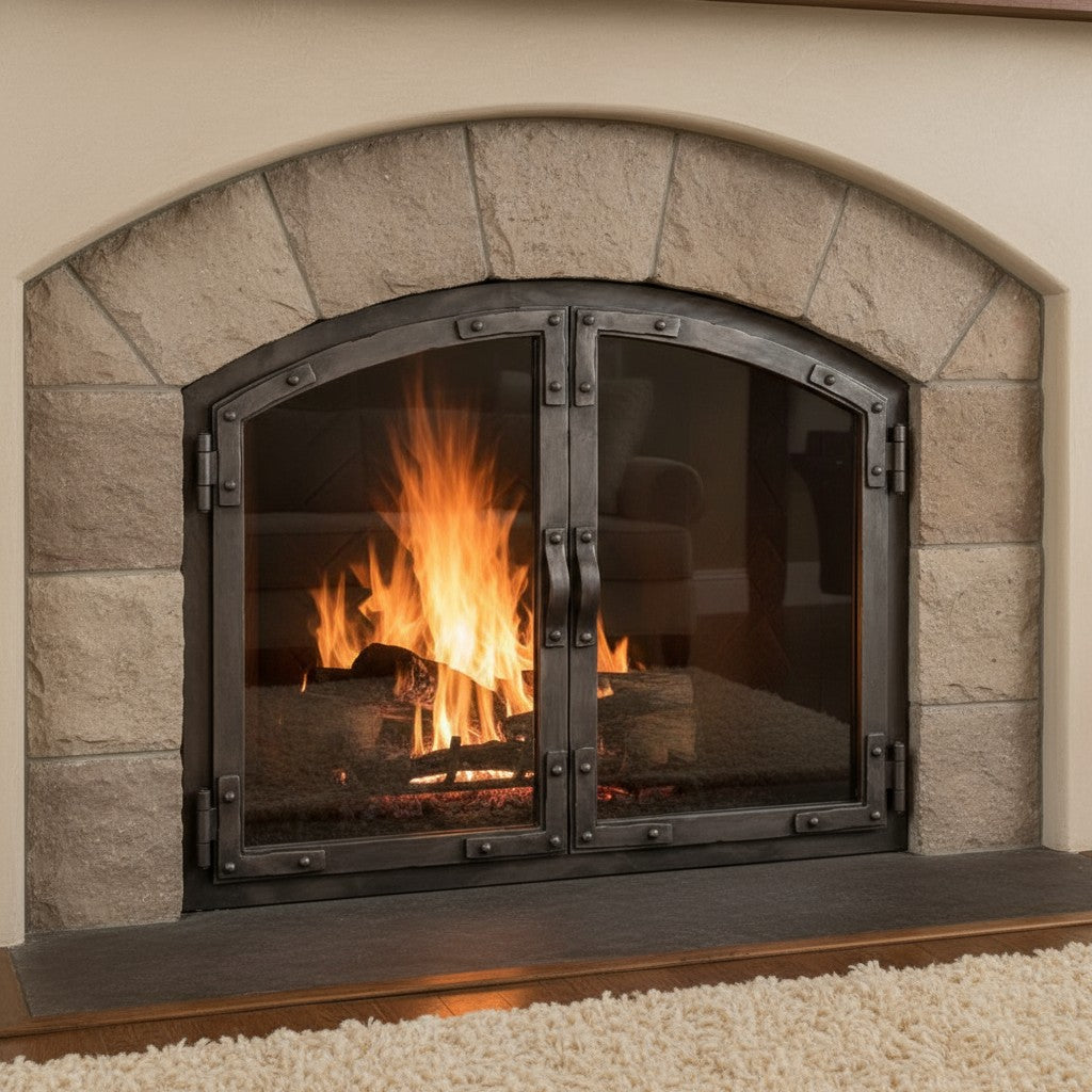 Old World - Arch Masonry Distressed Steel Fireplace Glass Doors