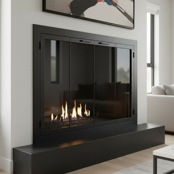 Carolina sleek steel fireplace glass doors for masonry and prefab with custom dimensions and 5-year warranty