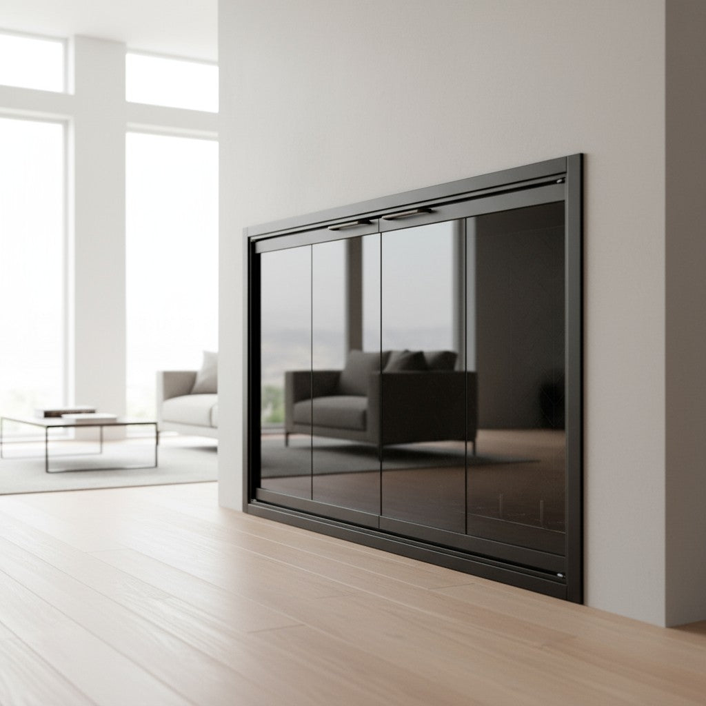 Opening 32" W x 28" H / Masonry / Black Matte / Clear Glass / Modern / Bi-Fold / Mesh Curtain / 4 Sided Overlap