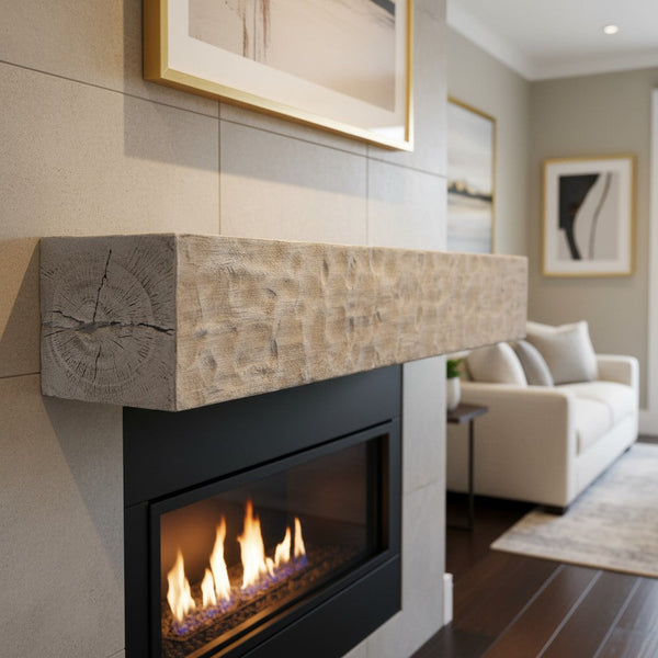 Chiseled concrete mantel shelf, fireproof Thermastone, lightweight and non-combustible design