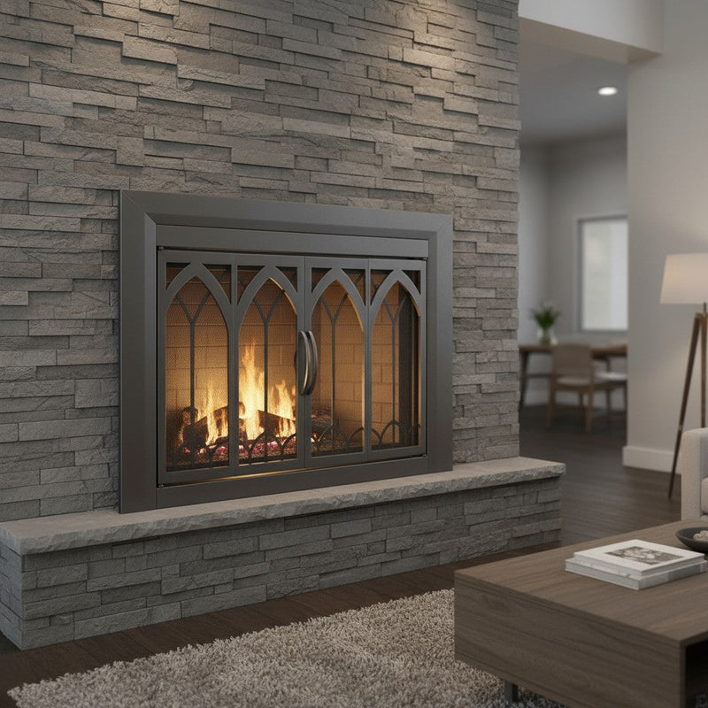 Colt Gun Metal Masonry Fireplace Door with durable steel frame and smoked tempered glass in hammered black finish